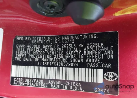 2012 Toyota Camry L из США, поврежденный, VIN 4T1BF1FK4CU579024